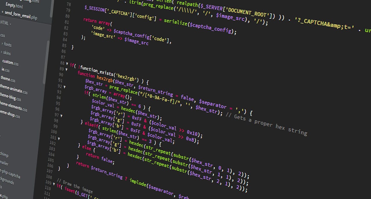 gallery-01 Colorful PHP code displayed on a dark screen, ideal for programming themes.